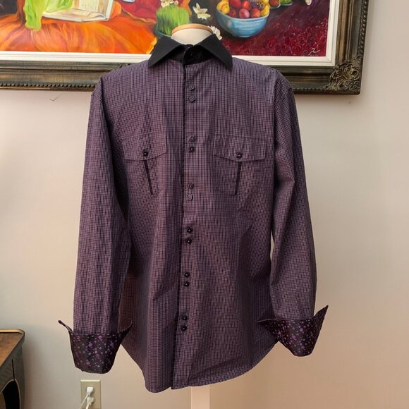 BLU by Polifroni Men’s L Shirt Checkered Burgundy and Black Button Down - Picture 3 of 11